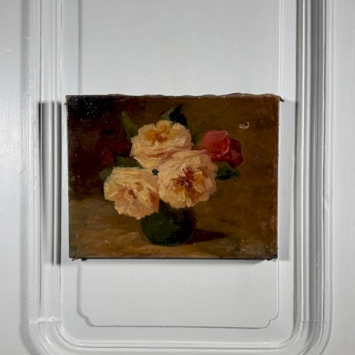 Huile sur toile nature morte aux roses fin XIXe A5862