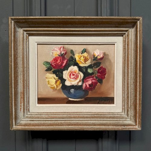 Huile sur toile nature morte aux roses XXe par Surgeon cadre cérusé L9031