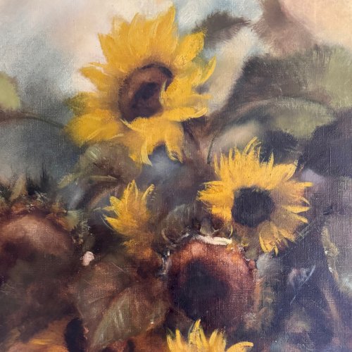Huile sur toile nature morte aux tournesols par P.  Sorrol XXe A5754