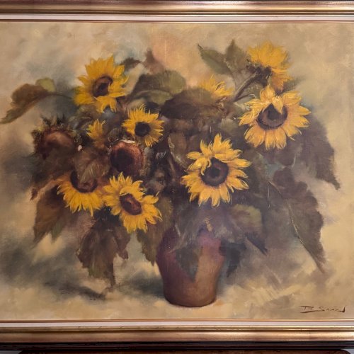 Huile sur toile nature morte aux tournesols par P.  Sorrol XXe A5754