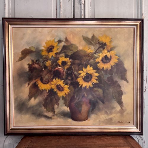 Huile sur toile nature morte aux tournesols par P.  Sorrol XXe A5754