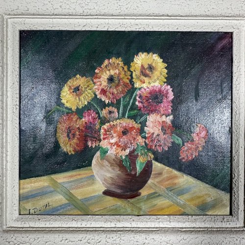 Huile sur toile nature morte bouquet de fleurs XXe par L. Dupal L9600