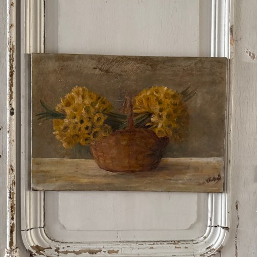 Huile sur toile nature morte bouquets de jonquilles dans un panier XXe A5704