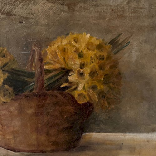 Huile sur toile nature morte bouquets de jonquilles dans un panier XXe A5704