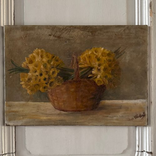 Huile sur toile nature morte bouquets de jonquilles dans un panier XXe A5704