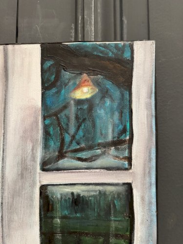 Huile sur toile par Claude Claveau fenêtre avec jardinière XXe L9206