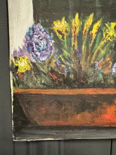 Huile sur toile par Claude Claveau fenêtre avec jardinière XXe L9206