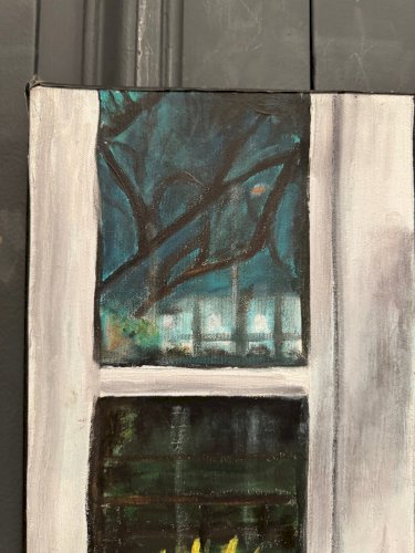 Huile sur toile par Claude Claveau fenêtre avec jardinière XXe L9206