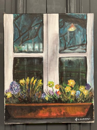 Huile sur toile par Claude Claveau fenêtre avec jardinière XXe L9206