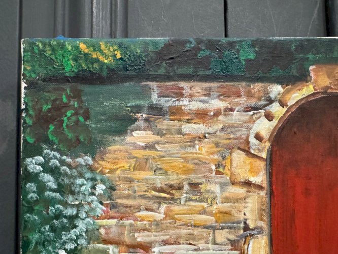 Huile sur toile par Claude Claveau mur à la porte rouge XXe L9207