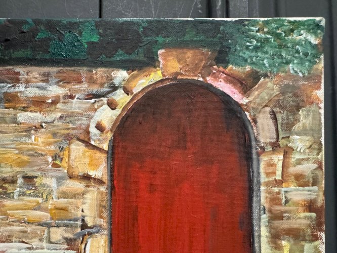 Huile sur toile par Claude Claveau mur à la porte rouge XXe L9207