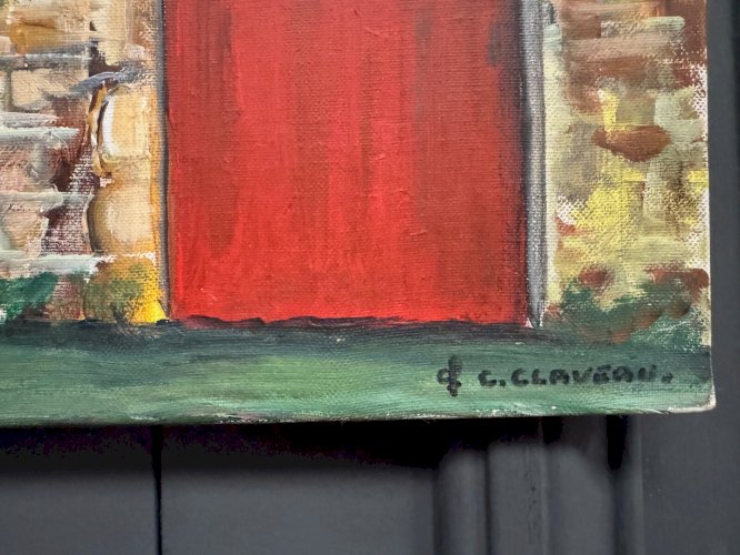 Huile sur toile par Claude Claveau mur à la porte rouge XXe L9207