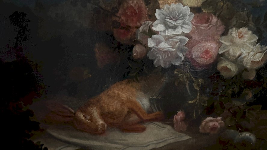 Huile sur toile par Devaux nature morte au lièvre et aux fleurs 1873 L9225