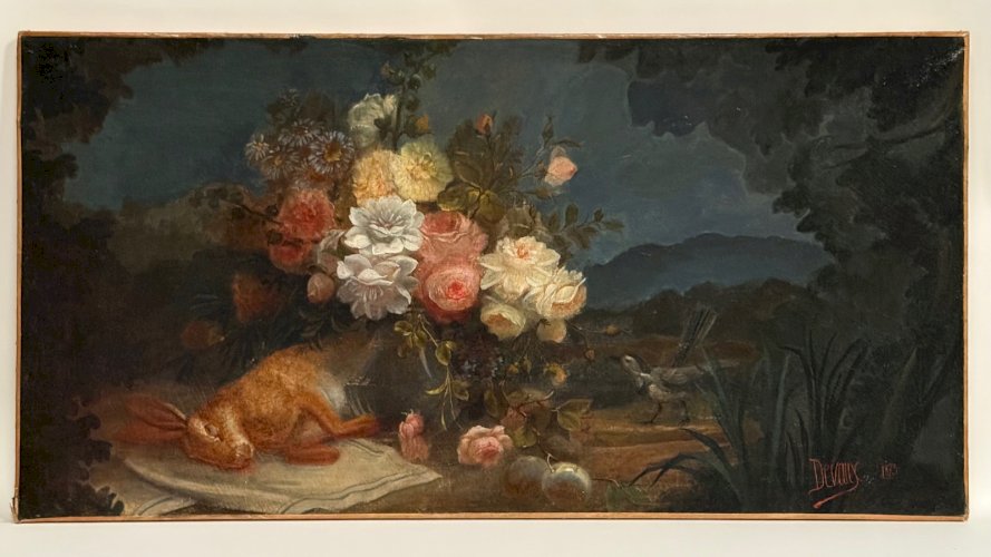 Huile sur toile par Devaux nature morte au lièvre et aux fleurs 1873 L9225