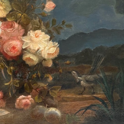 Huile sur toile par Devaux nature morte au lièvre et aux fleurs 1873 L9225
