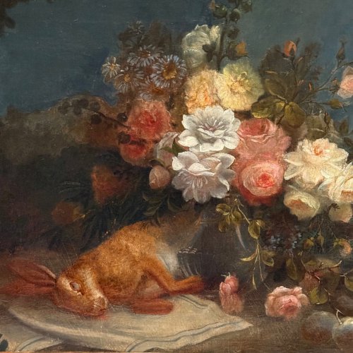 Huile sur toile par Devaux nature morte au lièvre et aux fleurs 1873 L9225