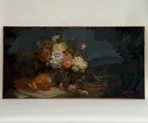 Huile sur toile par Devaux nature morte au lièvre et aux fleurs 1873 L9225
