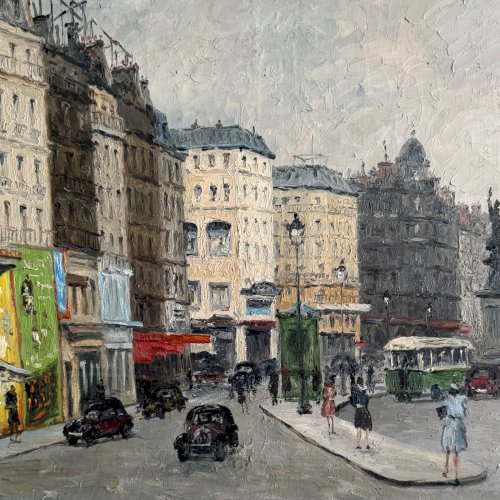 Huile sur toile par Emile Saudemont boulevard parisien 1947 A5830