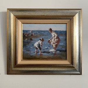 Huile sur toile par Francis Cristaux mère et enfant sur la plage XXe A5872