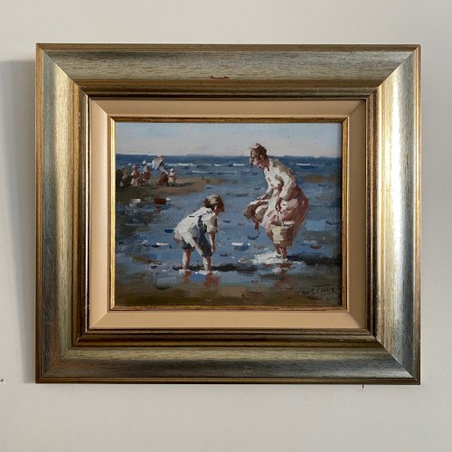 Huile sur toile par Francis Cristaux mère et enfant sur la plage XXe A5872