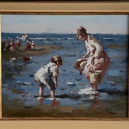 Huile sur toile par Francis Cristaux mère et enfant sur la plage XXe A5872