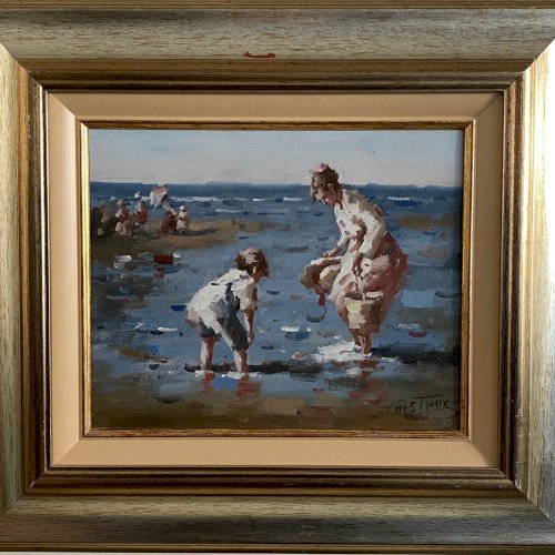 Huile sur toile par Francis Cristaux mère et enfant sur la plage XXe A5872
