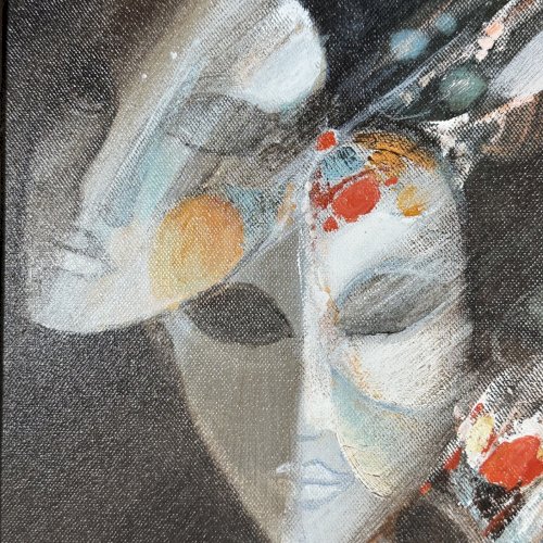 Huile sur toile par François Benett XXe Les Trois Masques L9606