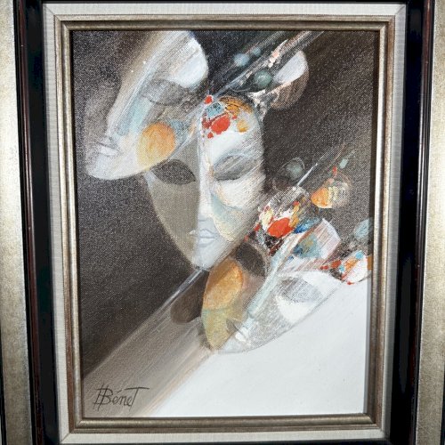 Huile sur toile par François Benett XXe Les Trois Masques L9606