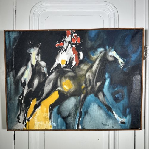 Huile sur toile par Henri Yvergniaux représentant des chevaux 1973 L9602
