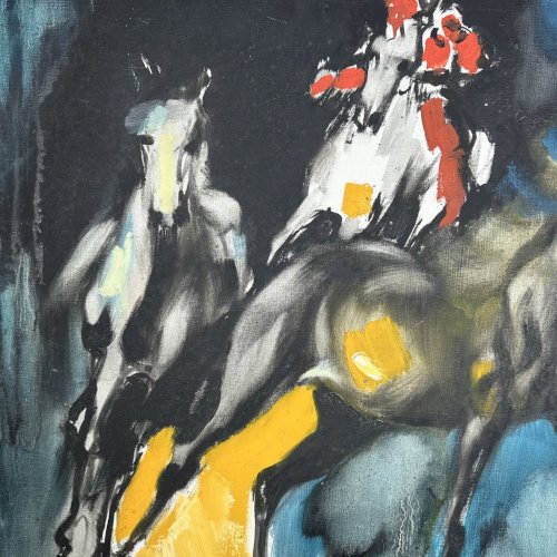 Huile sur toile par Henri Yvergniaux représentant des chevaux 1973 L9602