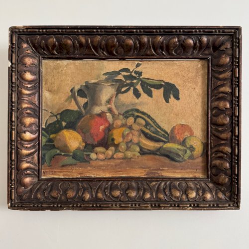 Huile sur toile par M. Rery nature morte aux fruits et aux légumes XXe A5654