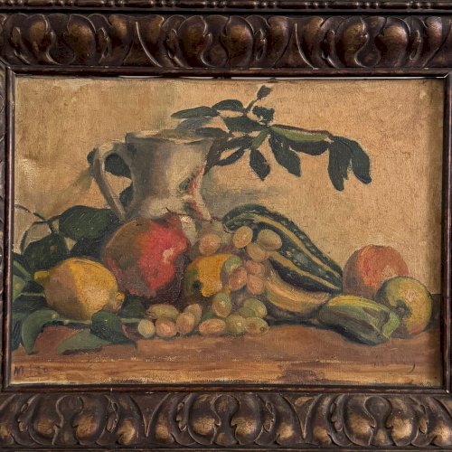 Huile sur toile par M. Rery nature morte aux fruits et aux légumes XXe A5654