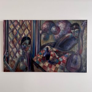 Huile sur toile par Véronique Maude Fini couple attablé 1960 A5752