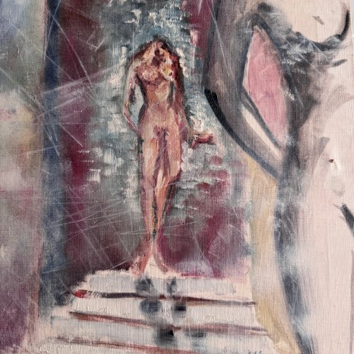 Huile sur toile par Véronique Maude Fini femme descendant un escalier XXe A7751
