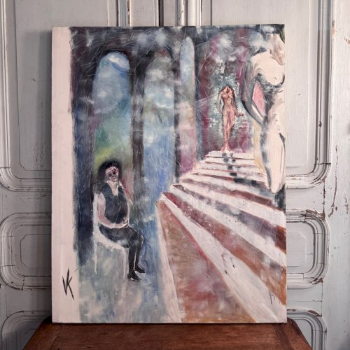 Huile sur toile par Véronique Maude Fini femme descendant un escalier XXe A7751