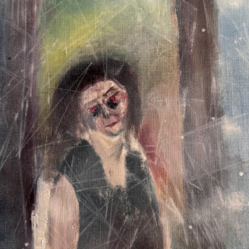 Huile sur toile par Véronique Maude Fini femme descendant un escalier XXe A7751