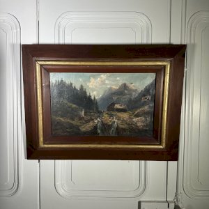 Huile sur toile paysage de montagne fin XIXe cadre en bois naturel L1068