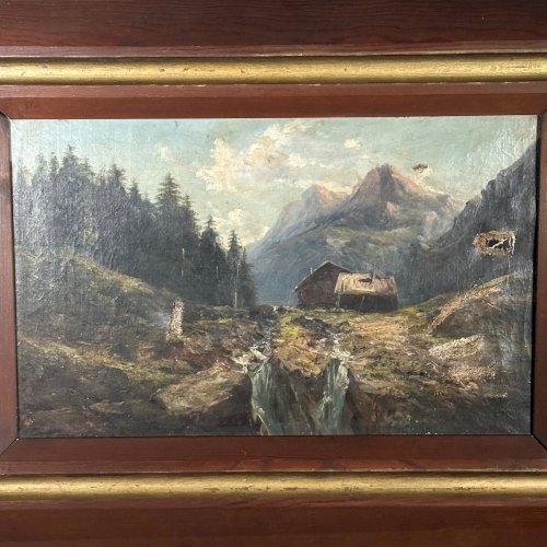 Huile sur toile paysage de montagne fin XIXe cadre en bois naturel L1068