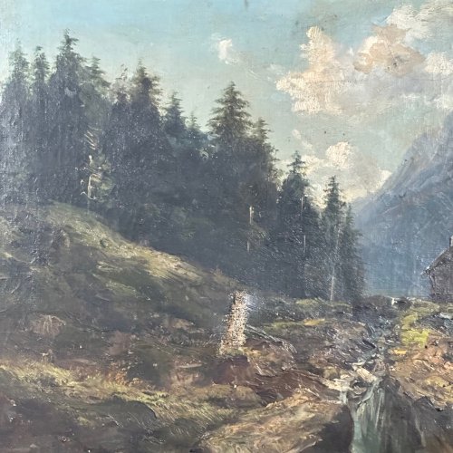 Huile sur toile paysage de montagne fin XIXe cadre en bois naturel L1068