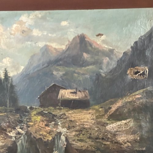 Huile sur toile paysage de montagne fin XIXe cadre en bois naturel L1068