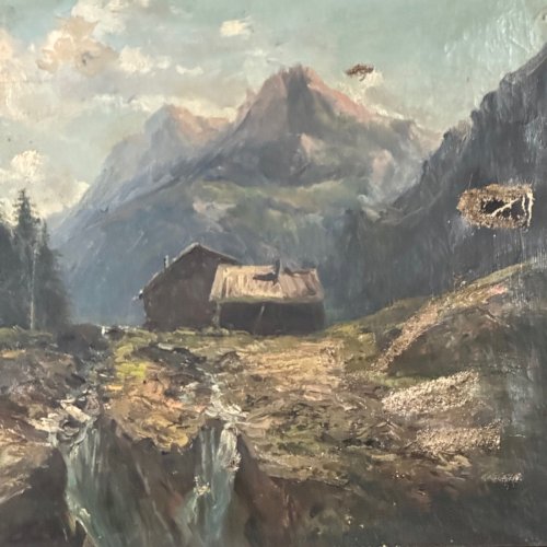 Huile sur toile paysage de montagne fin XIXe cadre en bois naturel L1068
