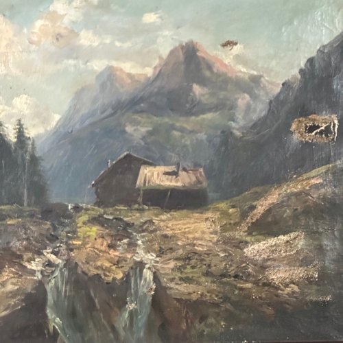 Huile sur toile paysage de montagne fin XIXe cadre en bois naturel L1068