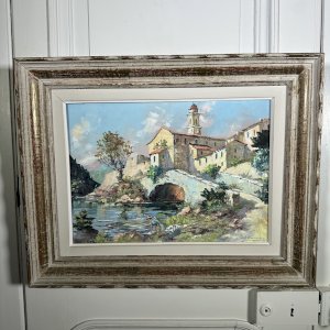 Huile sur toile paysage du Sud Peille près de Menton 1962 L9608