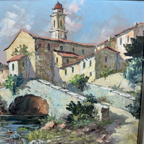 Huile sur toile paysage du Sud Peille près de Menton 1962 L9608
