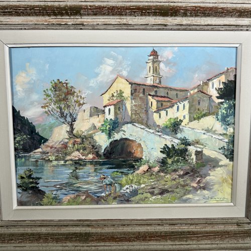 Huile sur toile paysage du Sud Peille près de Menton 1962 L9608