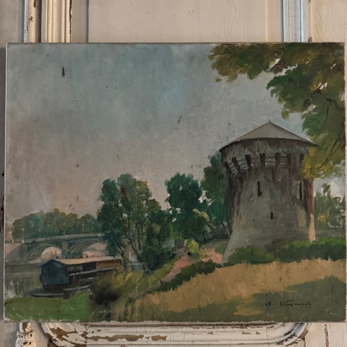 Huile sur toile pigeonnier au bord d'un cours d'eau par A. Viavans A5709
