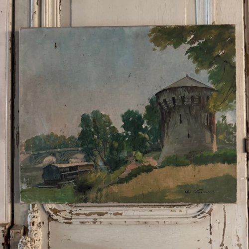 Huile sur toile pigeonnier au bord d'un cours d'eau par A. Viavans A5709