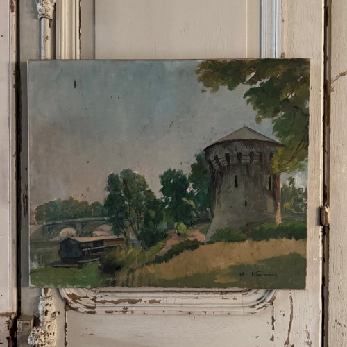 Huile sur toile pigeonnier au bord d'un cours d'eau par A. Viavans A5709