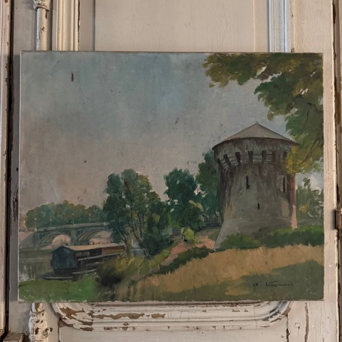 Huile sur toile pigeonnier au bord d'un cours d'eau par A. Viavans A5709