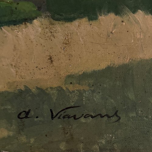 Huile sur toile pigeonnier au bord d'un cours d'eau par A. Viavans A5709
